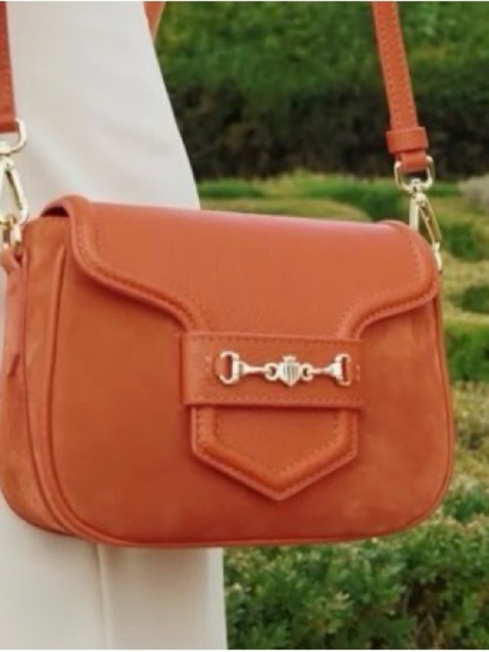 Fairfax & Favor Sunset Orange Saddle Crossbody Bag with Gold Accent